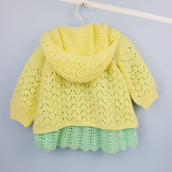 Infant Baby Crochet Dress And Sweater Set Hand Crafted Green And Yellow - Picture 4 of 16